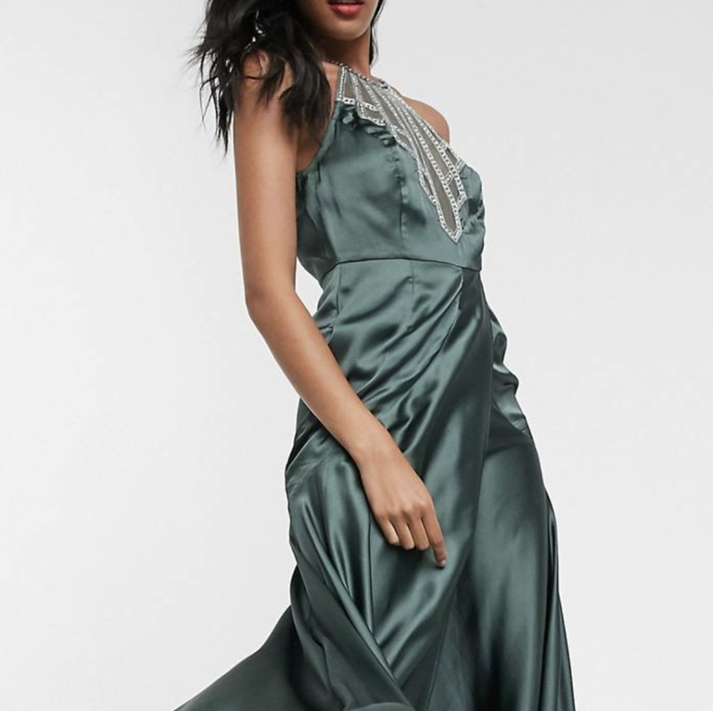 ASOS Emerald Green Satin Maxi Dress with Beaded Halter Neck